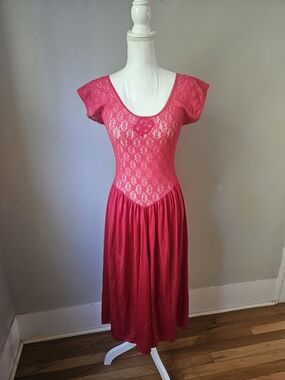 Vintage Nancy King Bright Pink Lace Bodice Slip Dress